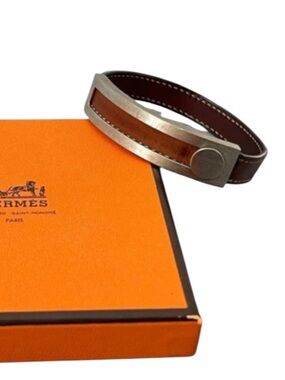 Hermès Leather Bracelet BRN Palladium Bangle Cuff Minimalist Hermes Paris W/Box